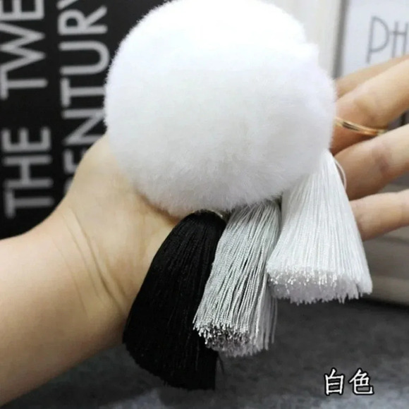 Multiple Colors Available - Fuzzy Fur Pom Pom Keychain Key with Tassels - Picture 11 of 15